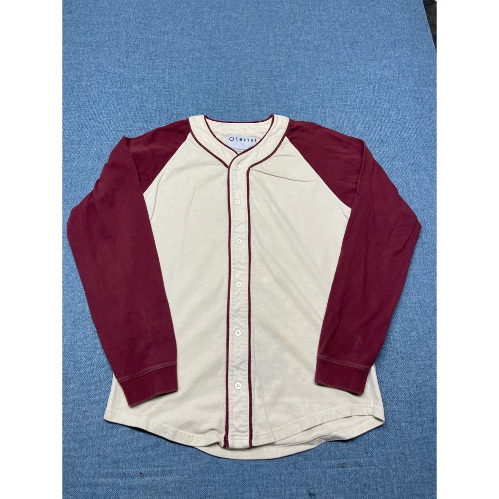 Empyre Mens Baseball Jersey Long Sleeve Button Down Shirt Cream Burgundy Size M